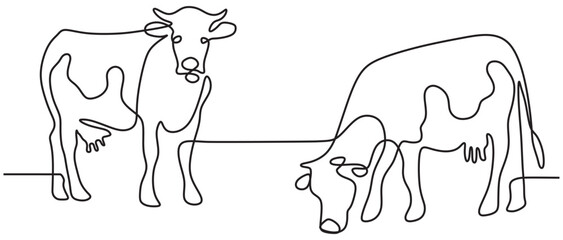 Cows on pasture in One continuous line drawing. Milk calf animal grazing symbol and beef meat farm concept in simple linear style. Editable stroke. Doodle vector illustration