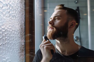 Young Caucasian man carefully grooming his beard using an electric trimmer in a modern, well-lit bathroom