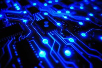 Obraz premium Close-up of a blue illuminated circuit board highlighting the details and technology design
