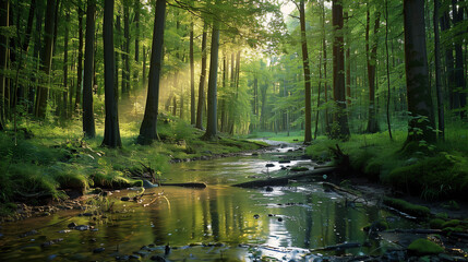 A painting of a forest with a stream running through it. The mood of the painting is peaceful and serene