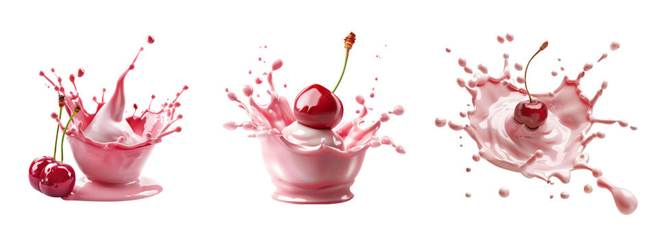 Set of cherry juice splash isolated on transparent background
