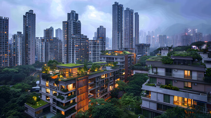 Fototapeta premium A cityscape with towering skyscrapers and lush greenery, viewed from above. The mix of buildings and natural landscape creates a unique urban environment