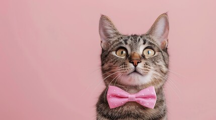 Cat with pink bow tie on pink background. copy space for text.