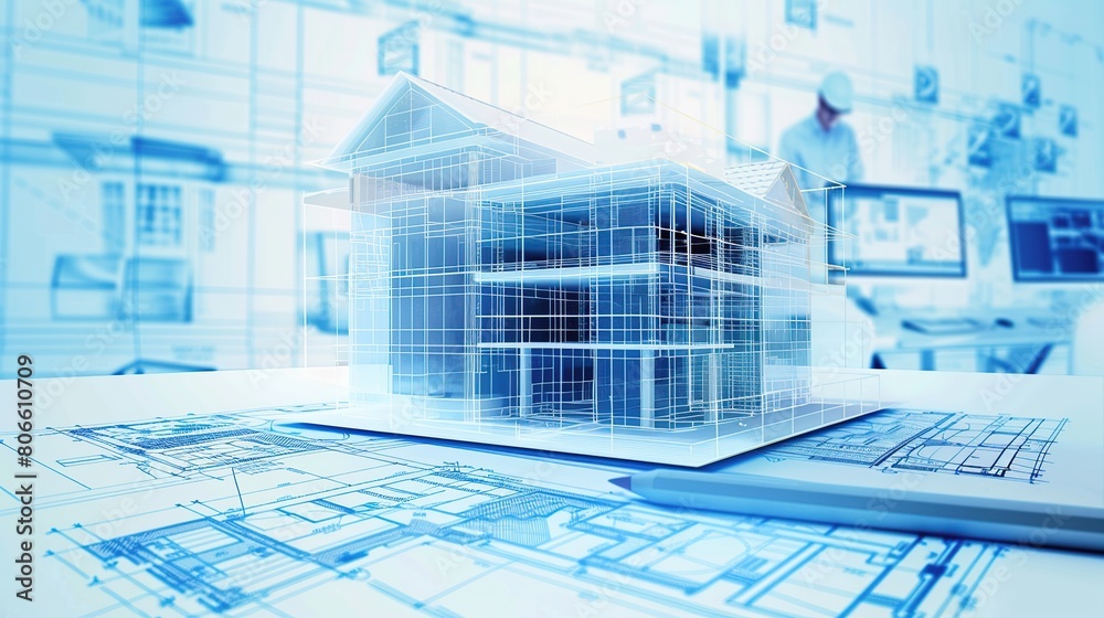 Poster sketch design of digital construction modern blueprint of building.