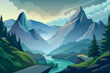 Fototapeta premium Misty Mountain Pass Landscape with nature background illustration in cartoon style 