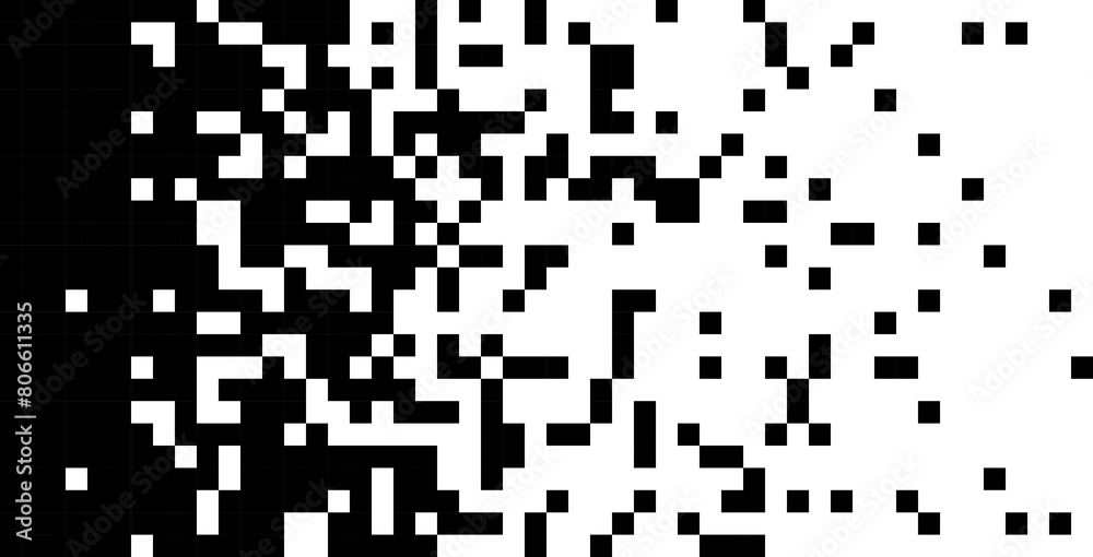 Poster Scattered Pixels Fade Effect. Pixel Dissolve. Black and White Abstract Vector Background. Vector Retro 1-bit Game Monochrome Style. Abstract Random Squares.