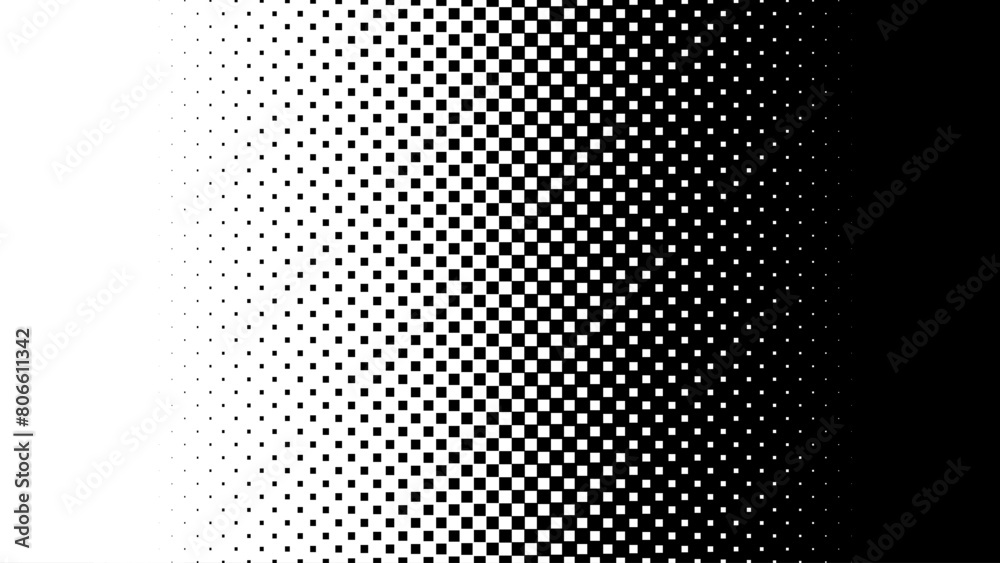 Poster Square Pixel Halftone. Black and white linear gradient. Vector Backdrop. Dithering effect. Pixel gradient abstract mosaic background for modern design. 1 8 16 bit background.