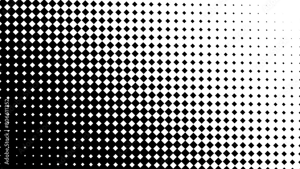 Poster Halftone Square Pixels Pattern. Faded Shade Background. Grid Gradation BG. Black Screentone Diffuse Background. Overlay Texture. Abstract Patern for Design Comic Prints. Vector Illustration.