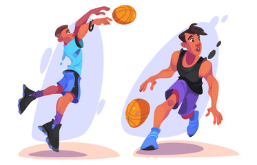 Basketball player in uniform dribbling and throwing ball while jumping. Cartoon vector illustration set of young man players during training or competition game. Playing professional sports team. - obrazy, fototapety, plakaty