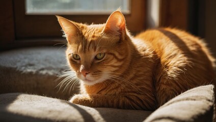 Capture an orange cat basking in a warm sunbeam, highlighting its love of comfort