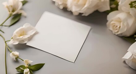 White card mockup with envelope and white rosebuds