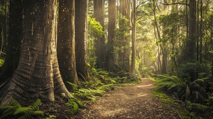 Fototapeta premium a secluded path winding through towering trees, inviting exploration and connection with nature's wonders, mystique of a hidden forest sanctuary