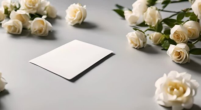 White card mockup with kraft envelope and white roses