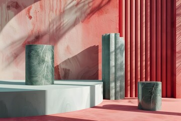 Elevated Pedestals in Vibrant Abstract Setting Minimalist 3D Art Composition with Jewel Toned Geometric Shapes