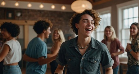 Carefree young non-binary person dancing with friends in background