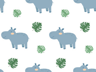 Seamless pattern with cute cartoon hippopotamus.