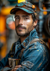 Portrait of successful male factory worker, technician. Blue-collar worker, employee. Success, goals, achievement, team.