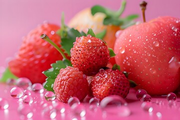 Minimalist banner template with water dew droplets and fruits