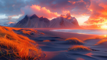 Icelandic black sand beach with Vestráhorn mountain in the background, sunset, autumn colours. Created with Ai