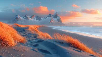 Black sand beach with Vestrahorn mountain in the background, orange and pink sunset, tall grasses, footprints on the black fine textured sands. Created with Ai