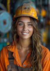 Portrait of successful female factory worker, technician. Blue-collar worker, employee. Success, goals, achievement, team.