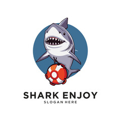 Fototapeta premium shark enjoy in beach logo design vector illustration