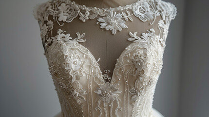 Tailored bodice with illusion neckline on a grand wedding gown.