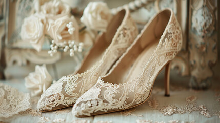 Vintage-inspired, lace-trimmed wedding shoes to match the dress.