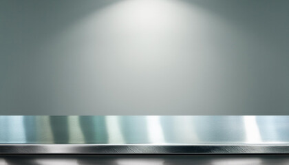 Silver steel countertop, empty shelf. realistic mockup of table top, kitchen counter on gray background with spot light. Bar desk surface in foreground