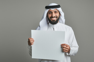 arab man showing white board