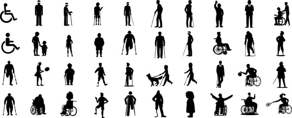 disabled people silhouette, Inclusive, empowering silhouettes of diverse disabled individuals, showcasing mobility aids, assistance dogs, adaptive equipment in active poses on a white background