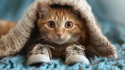 Cute cat in a big hoodie, light blue background, high definition photo.