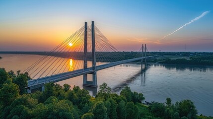 Obraz premium Majestic Cable-Stayed Bridge At Sunset Over River Landscape
