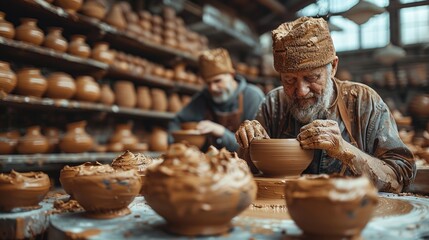Artist shaping clay on pottery wheel with hands in sunny workshop.