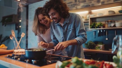 Happy couple cooking together in a modern kitchen.