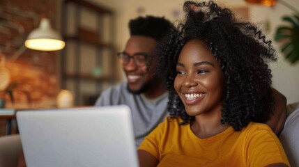 Cheerful Young African Couple Using Laptop at Home