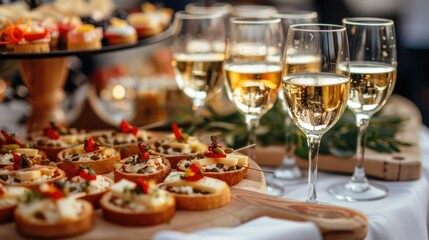 Champagne flutes and appetizers on a reflective surface.