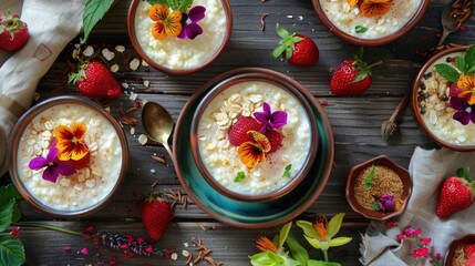 Rice pudding with raspberries and mint in glass cups.