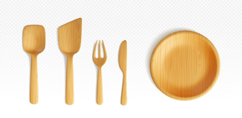 Wooden kitchen utensils set isolated on transparent background. Vector realistic illustration of yellow fork, knife and spatula, reusable eco tableware of organic material, restaurant tools