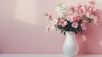 Pink flowers in a white vase on a pastel pink background.