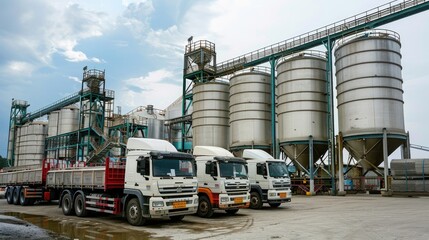 Obraz premium Industrial grain silos with parked delivery trucks at a distribution facility.