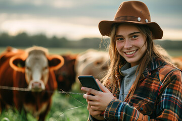 Happy young female farmer smiling while holding her phone in a field with cows grazing in the background.