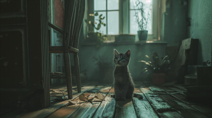 a kitten in an old house