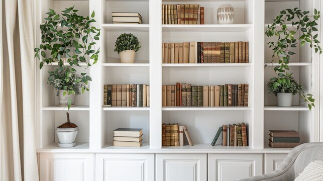 Elegant home library with white shelves full of books and potted plants.