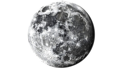 A realistic full moon with detailed surface craters and seas isolated on a white transparent background