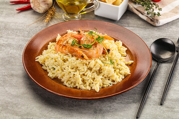 Italian pasta Orzo with prawn
