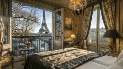 Cozy room opens to iconic Eiffel views, sunlight kisses the Seine, Parisian elegance
