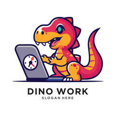 red dinosaur working with laptop logo design vector illustration