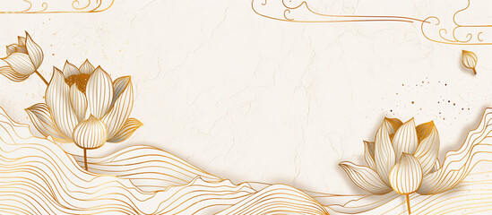 white beige minamlism luxury lotus pattern golden line banner background