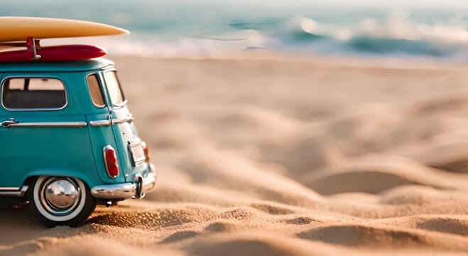 Miniature Car with Surfboard on Beach